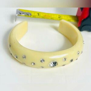 Vintage Lucite Cuff Bracelet with Brilliant Stones Ivory Color Mid Century